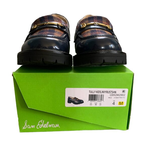 NWT SAM EDELMAN Kids Baltic Navy & Rust Tully Lug Sole Plaid Loafers Sz 4 - Picture 6 of 6